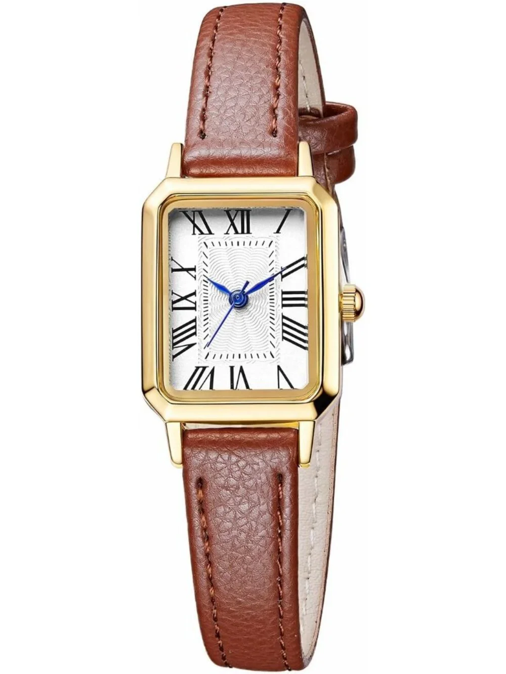 Women's Brown Gold White Leather Strap Elegant Vintage Rectangle Wrist Watch
